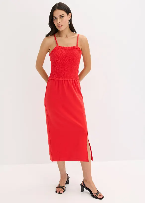 Robe midi en jersey avec empiècement smocké et fente, bonprix