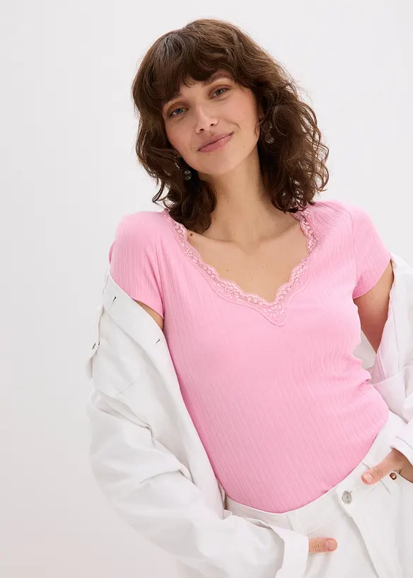 Lot de 2 T-shirts côtelés avec détail en dentelle, bonprix