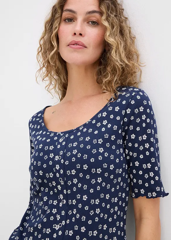T-shirt côtelé à imprimé floral, manches coude, bonprix