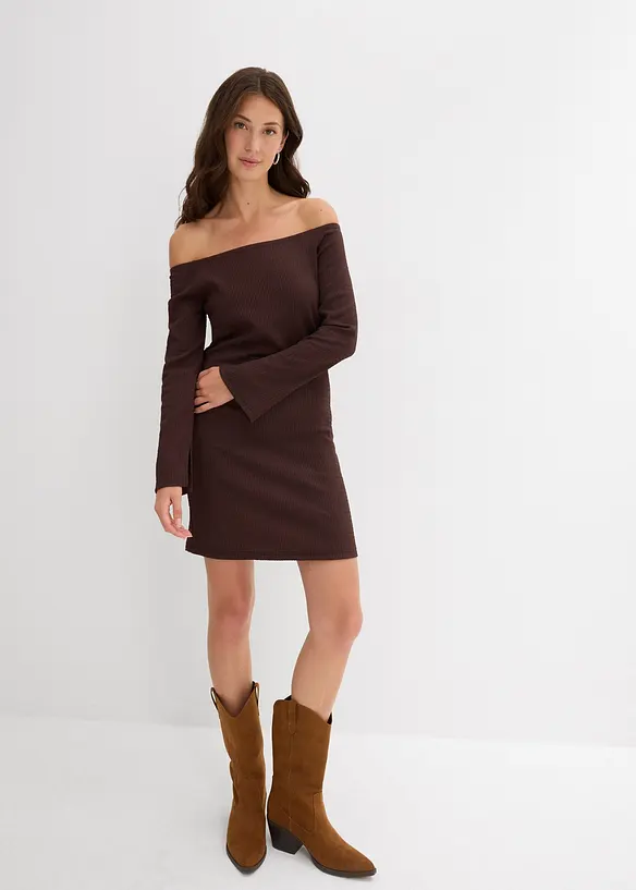 Robe à col Bardot en crêpe gaufré, bonprix