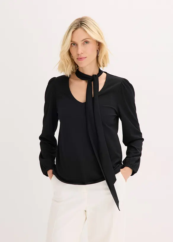 T-shirt manches longues texturé à lavallière amovible, bonprix