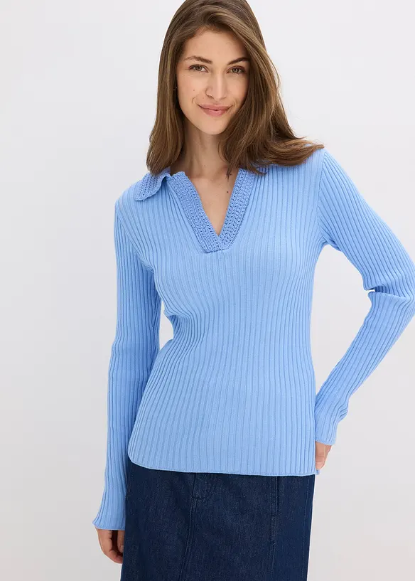 Pull en fine maille à col polo contrastant, bonprix