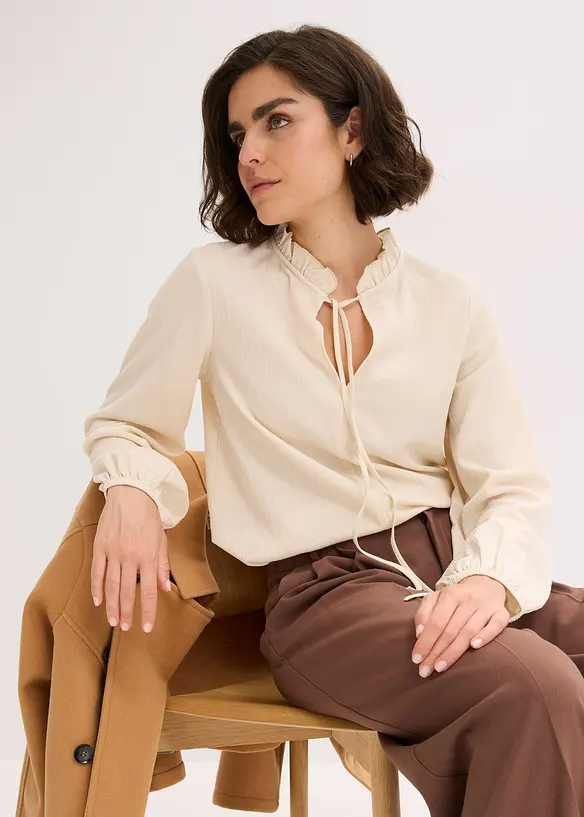 Blouse manches longues à col volanté, bonprix