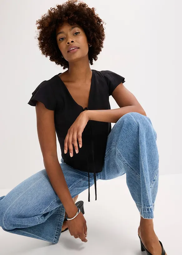 Blouse l&eacute;g&egrave;rement brillante &agrave; mancherons volant&eacute;s, bonprix