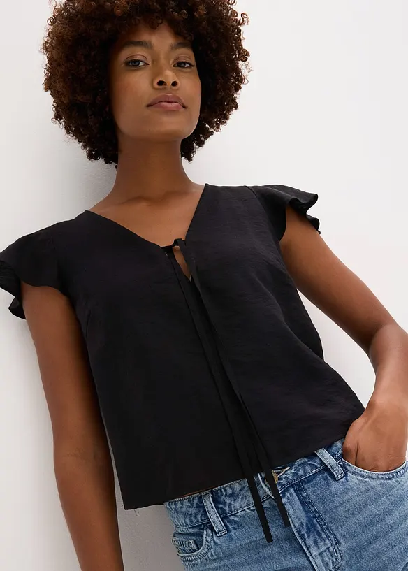 Blouse l&eacute;g&egrave;rement brillante &agrave; mancherons volant&eacute;s, bonprix