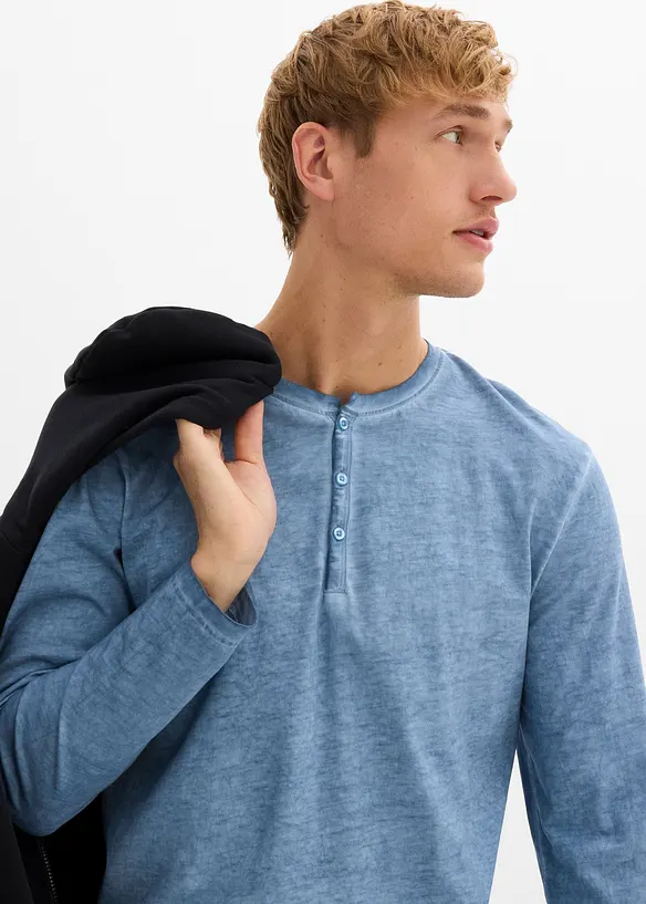 T-shirt manches longues d&eacute;lav&eacute; col tunisien, 100% coton, bonprix