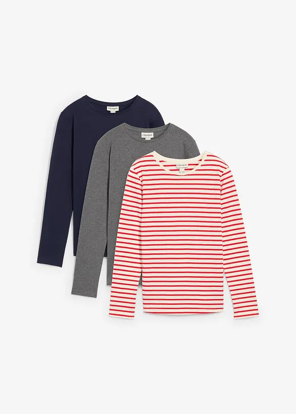 Lot de 3 T-shirts manches longues 100% coton, bonprix