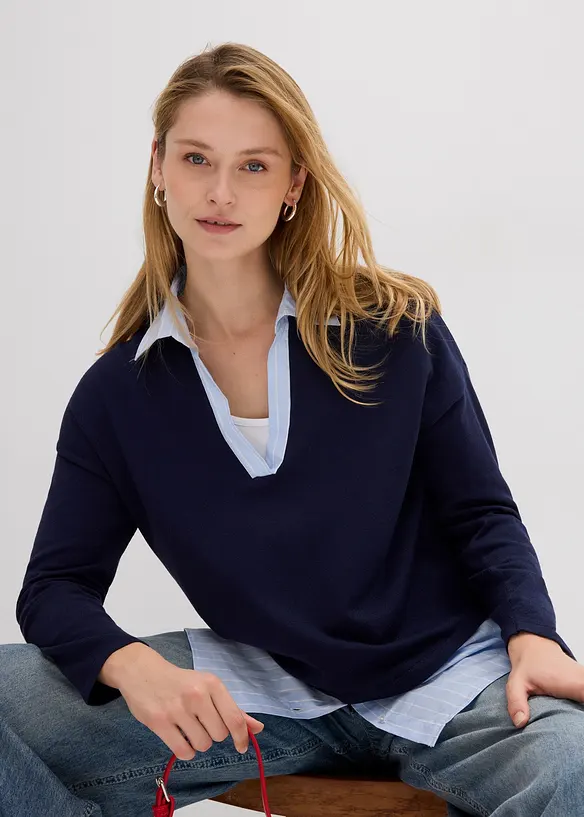 Pull en fine maille empiècement chemisier, bonprix