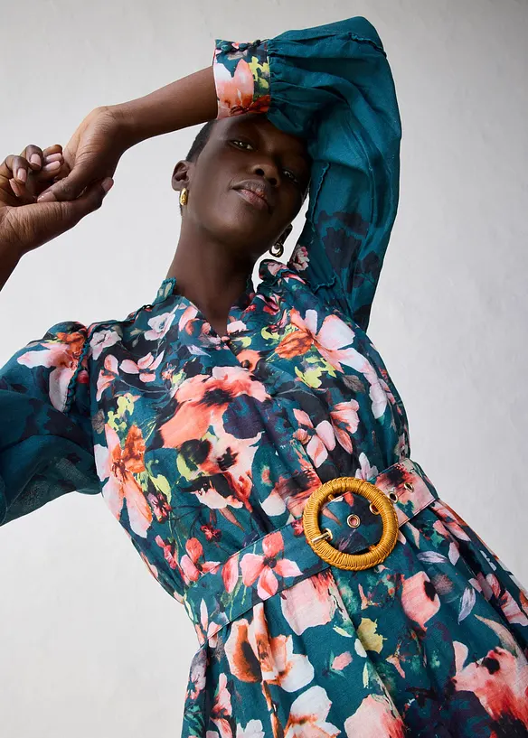 Robe midi en ramie avec ceinture (ens. 2 pces), bonprix