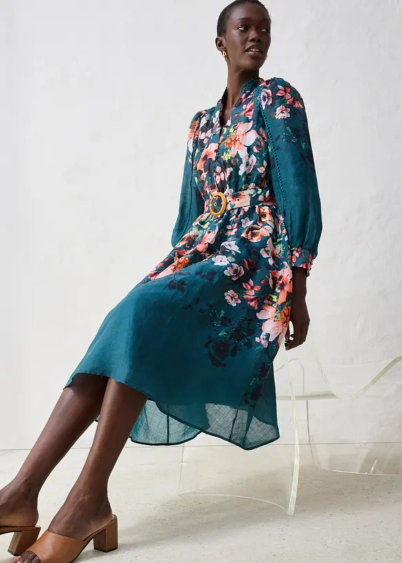 Robe midi en ramie avec ceinture (ens. 2 pces), bonprix