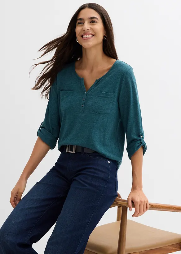 T-shirt col tunisien boutonn&eacute; &agrave; manches longues, bonprix