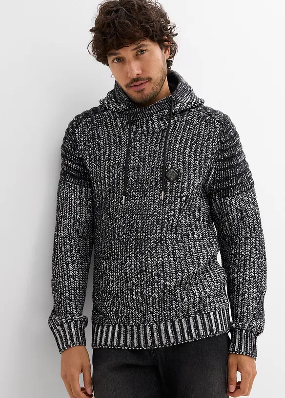 Pull en grosse maille à capuche et détails motard, bonprix