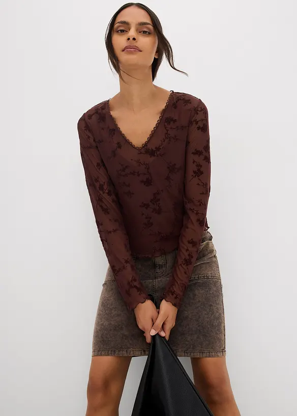 T-shirt manches longues à imprimé floqué, bonprix