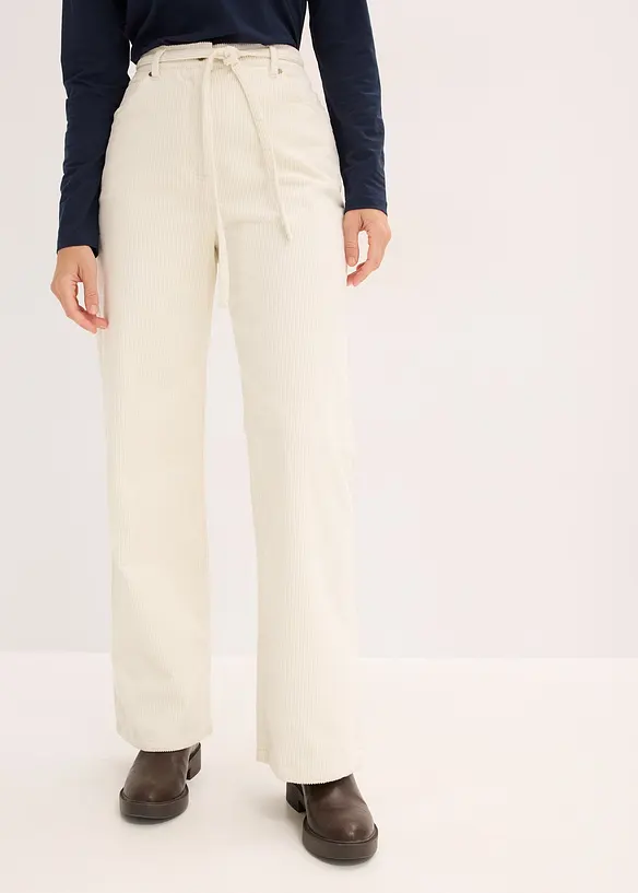 Pantalon large en velours côtelé avec ceinture à nouer, bonprix