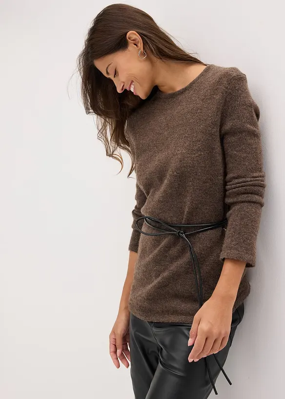 T-shirt manches longues en maille avec ceinture à nouer, bonprix