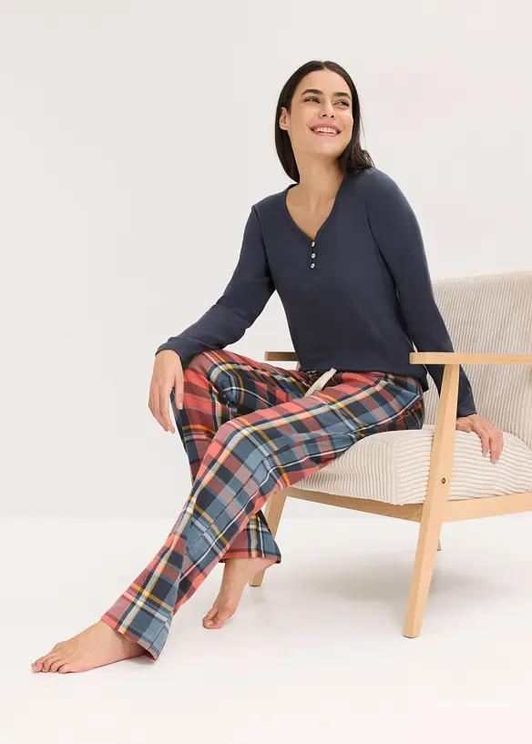 Pyjama avec T-shirt côtelé et pantalon en flanelle à fil brillant, bonprix