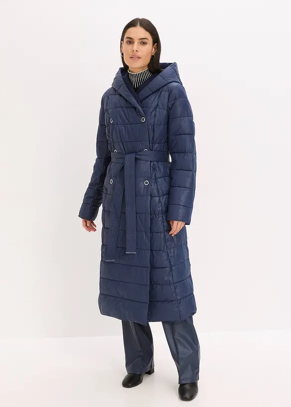 Doudoune longue et déperlante avec empiècement aspect laine et ceinture à nouer, bonprix