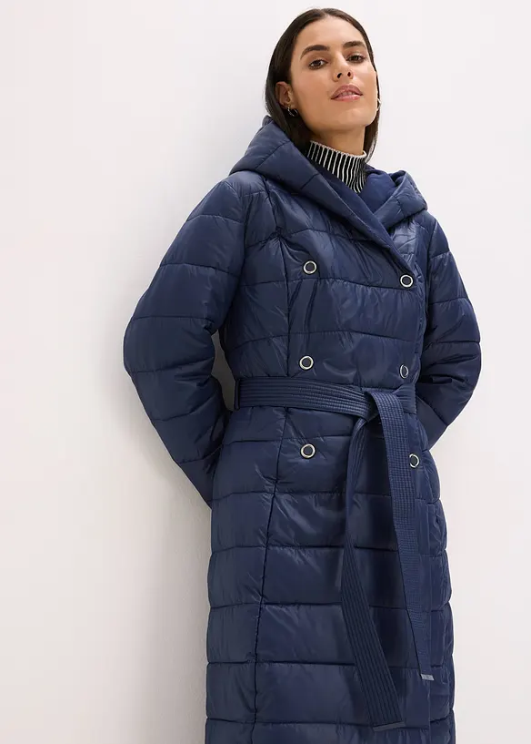 Doudoune longue et déperlante avec empiècement aspect laine et ceinture à nouer, bonprix