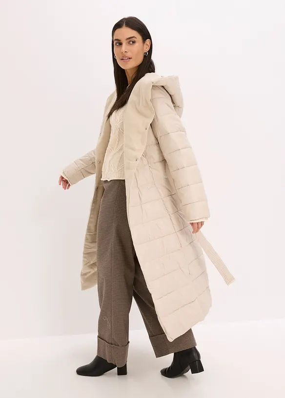 Doudoune longue et d&eacute;perlante avec empi&egrave;cement aspect laine et ceinture &agrave; nouer, bonprix