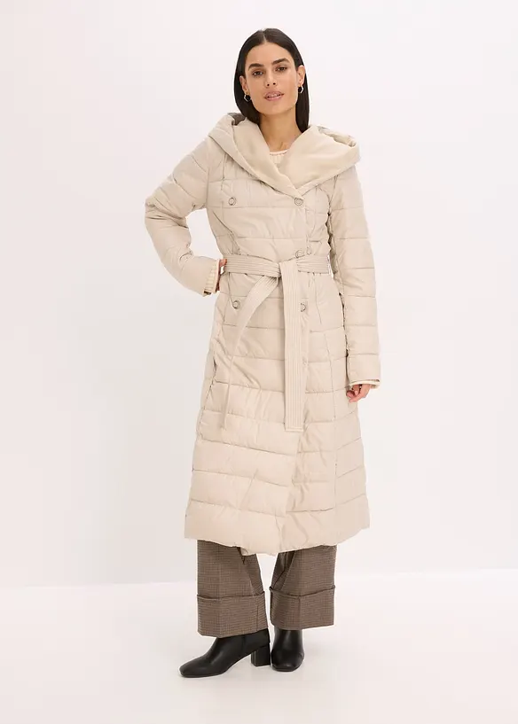 Doudoune longue et d&eacute;perlante avec empi&egrave;cement aspect laine et ceinture &agrave; nouer, bonprix