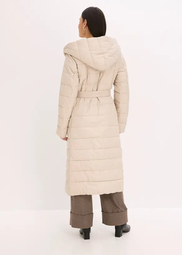 Doudoune longue et d&eacute;perlante avec empi&egrave;cement aspect laine et ceinture &agrave; nouer, bonprix