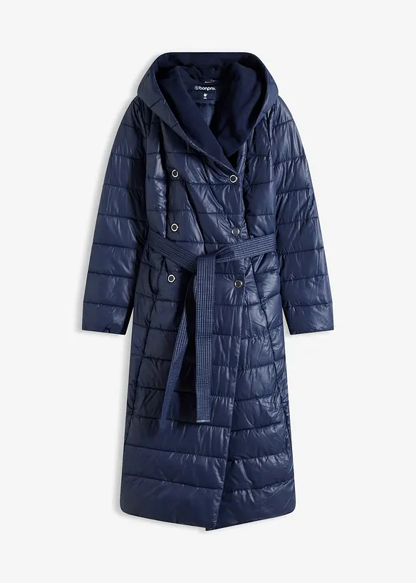 Doudoune longue et déperlante avec empiècement aspect laine et ceinture à nouer, bonprix