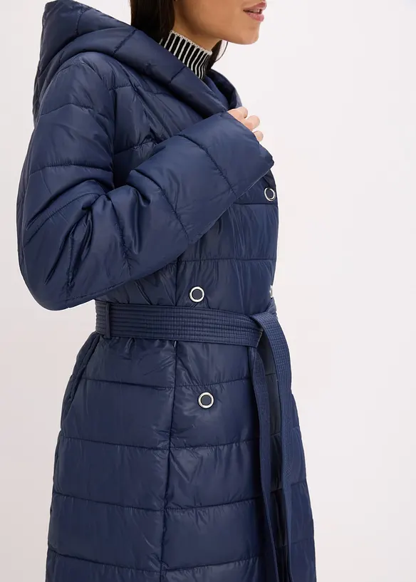 Doudoune longue et déperlante avec empiècement aspect laine et ceinture à nouer, bonprix