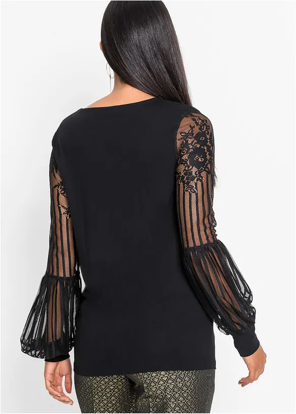 T-shirt manches longues viscose et dentelle, bonprix