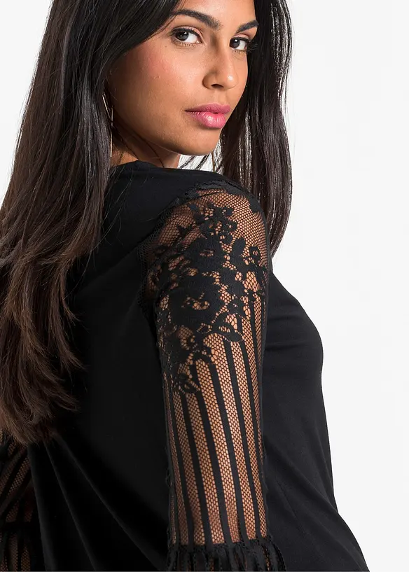 T-shirt manches longues viscose et dentelle, bonprix