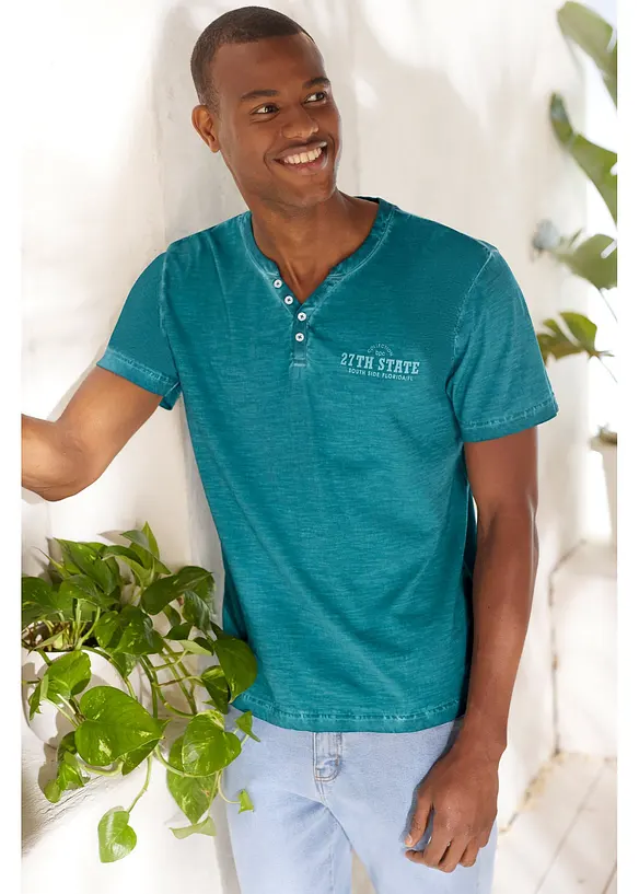 T-shirt col tunisien, aspect délavé, 100% coton, bonprix