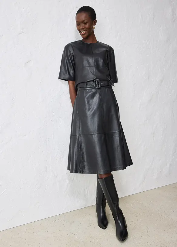 Jupe en cuir d’agneau nappa avec ceinture (ens. 2 pces), bonprix