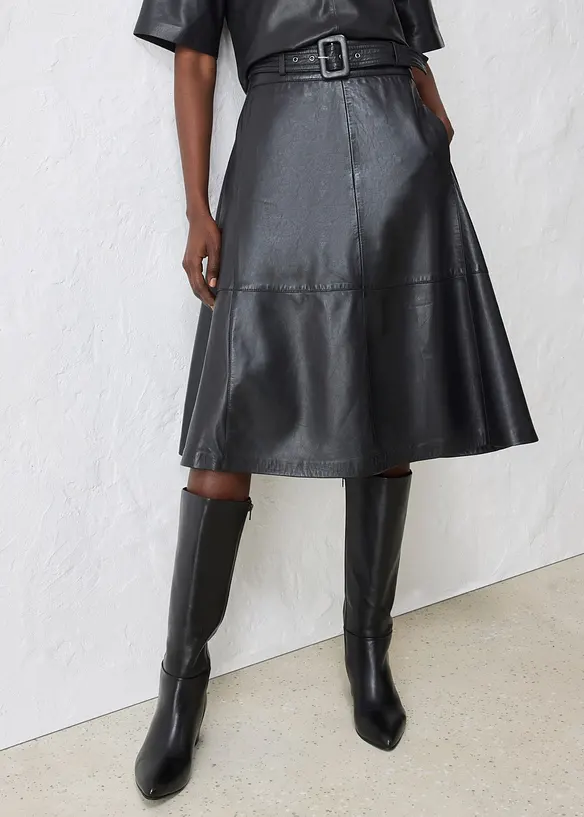 Jupe en cuir d’agneau nappa avec ceinture (ens. 2 pces), bonprix