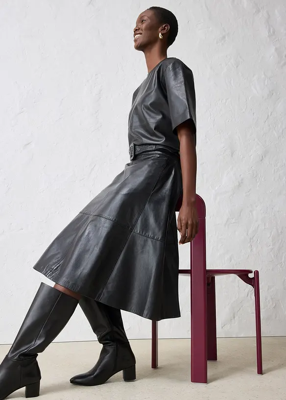 Jupe en cuir d’agneau nappa avec ceinture (ens. 2 pces), bonprix