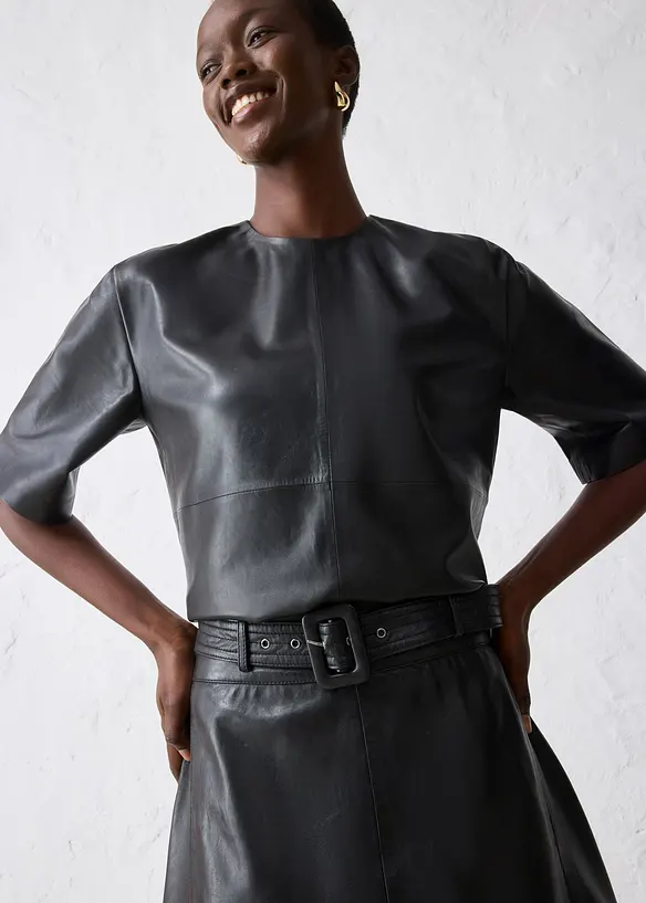 Jupe en cuir d’agneau nappa avec ceinture (ens. 2 pces), bonprix