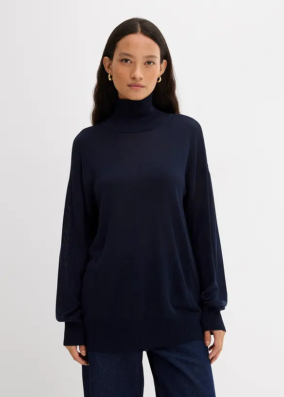 Pull léger en fine maille de viscose majoritaire à large col cheminée, bonprix