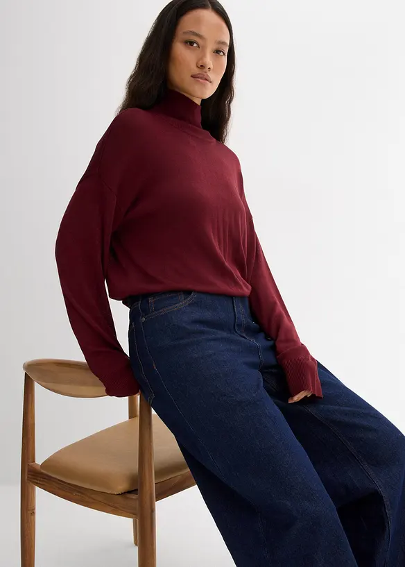 Pull léger en fine maille de viscose majoritaire à large col cheminée, bonprix