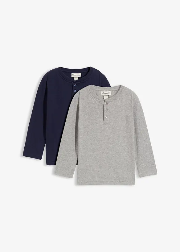 Lot de 2 T-shirts manches longues coton col tunisien, bonprix