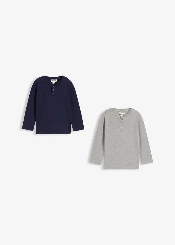 Lot de 2 T-shirts manches longues coton col tunisien, bonprix