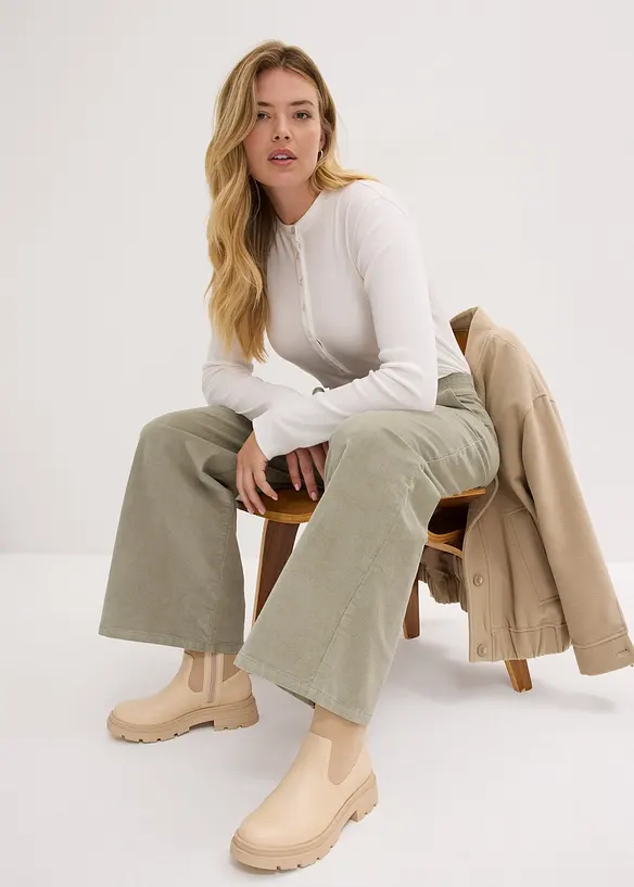 Pantalon en velours côtelé, taille haute élastiquée, bonprix