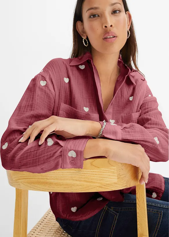 Chemisier ample en gaze de coton avec broderies, bonprix