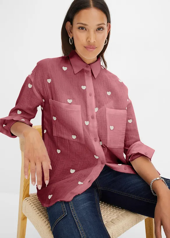 Chemisier ample en gaze de coton avec broderies, bonprix