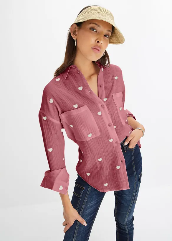 Chemisier ample en gaze de coton avec broderies, bonprix