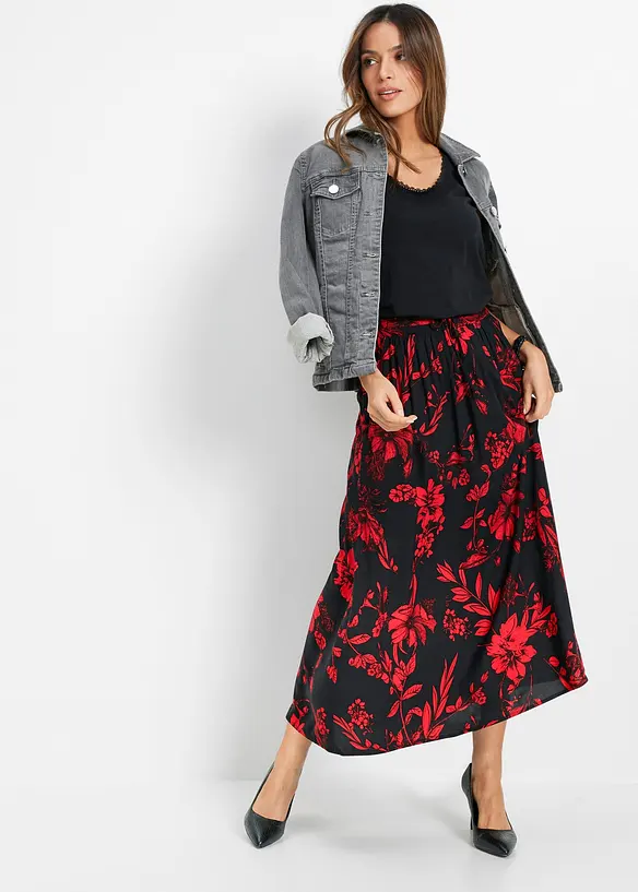 Jupe longue en viscose avec taille &eacute;lastique et lien &agrave; nouer, bonprix