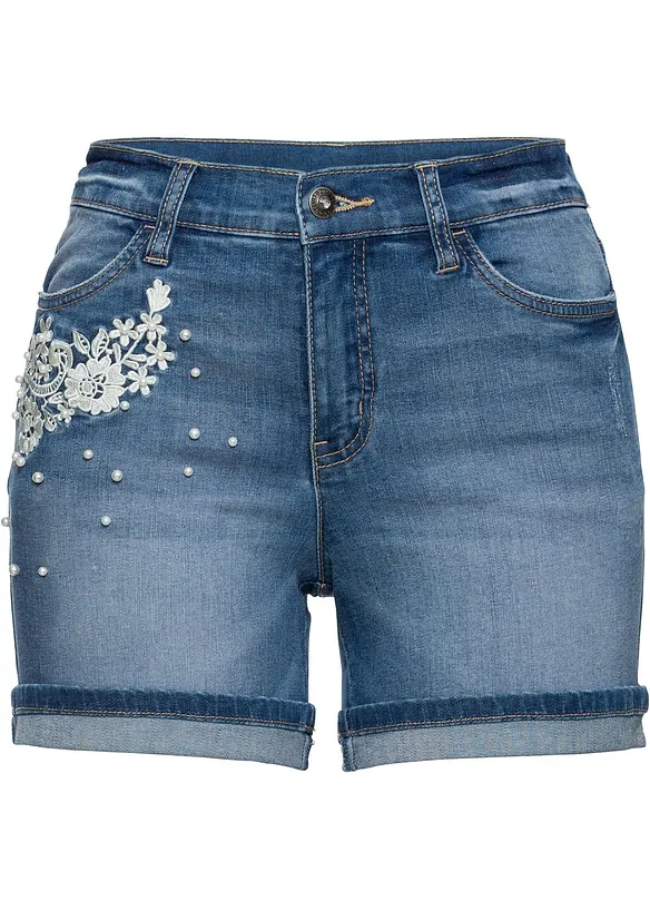 Short en jean taille mi-haute avec détails décoratifs, bonprix