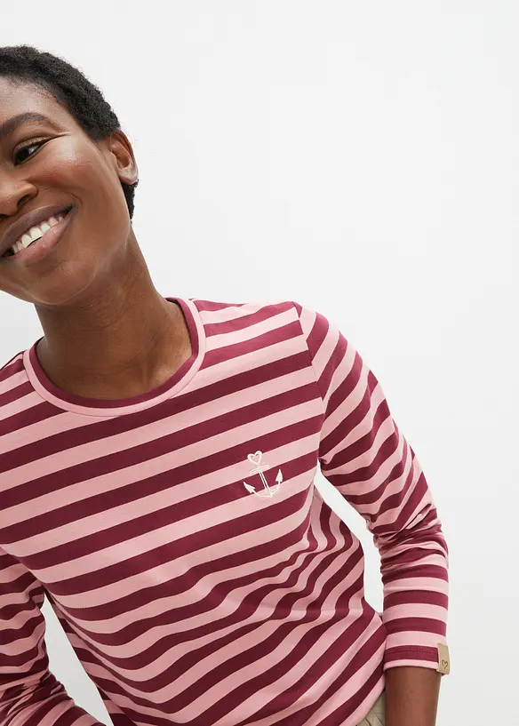 T-shirt manches longues rayé à broderies, bonprix