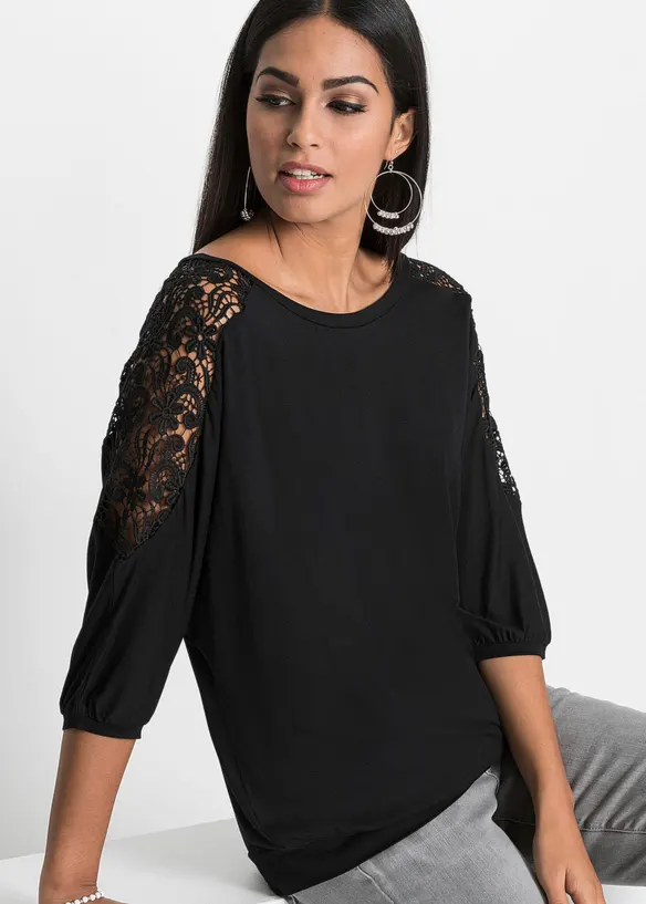 T-shirt oversize en viscose et dentelle, bonprix