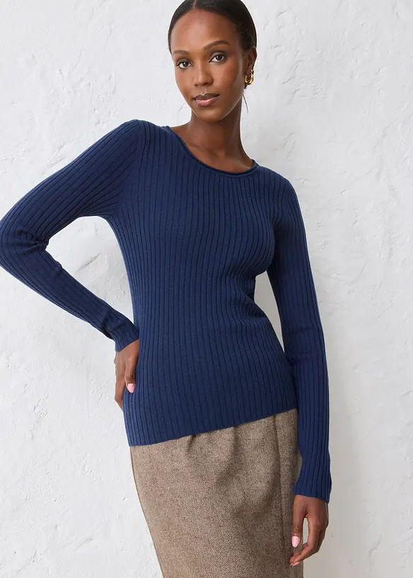 Pull côtelé en laine mérinos, bonprix