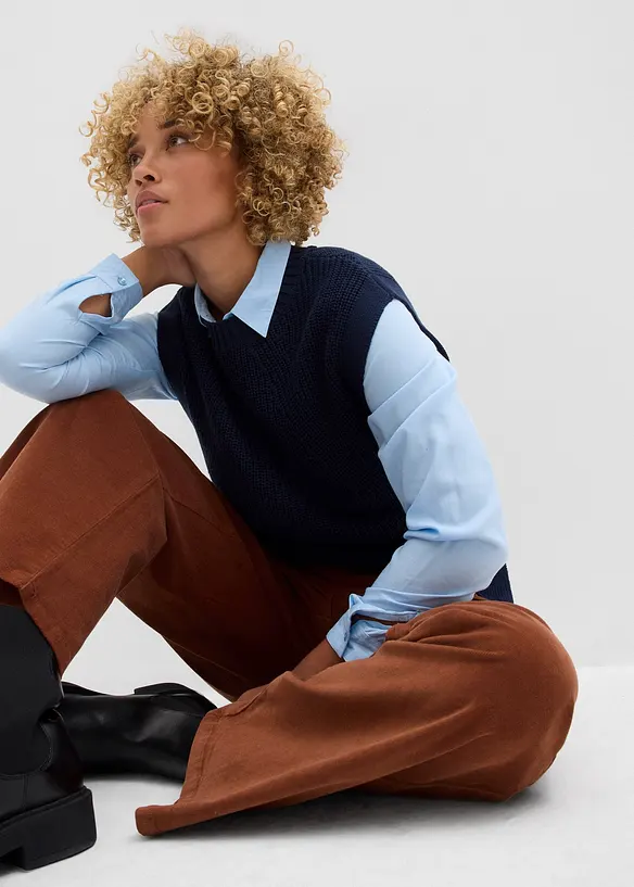 Pantalon en velours côtelé, taille haute élastiquée, bonprix