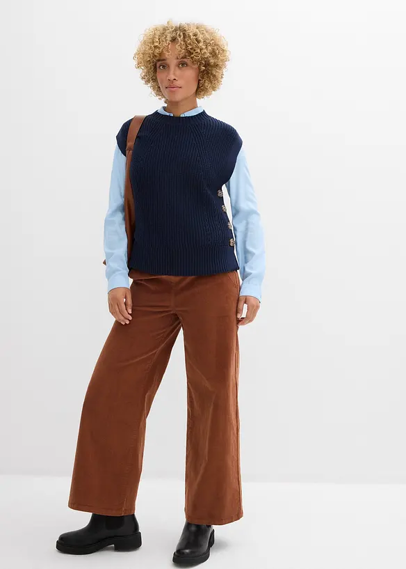 Pantalon en velours côtelé, taille haute élastiquée, bonprix