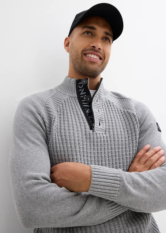 Pull texturé en coton majoritaire à col montant, bonprix